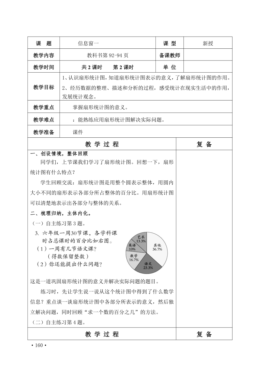 小学数学青岛版（五四制）五年级下第七单元 扇形统计图 表格式 教学设计