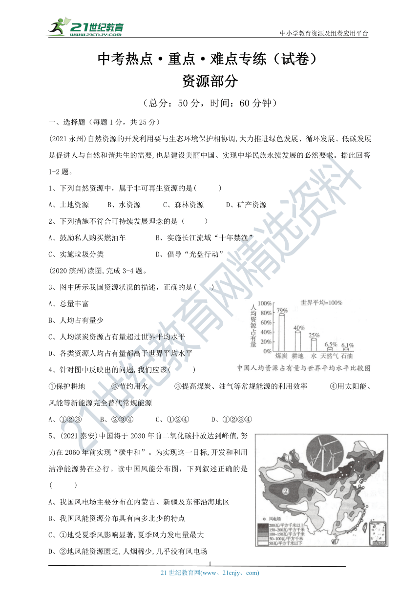 中考地理热点·重点·难点专练（试卷）中国资源部分