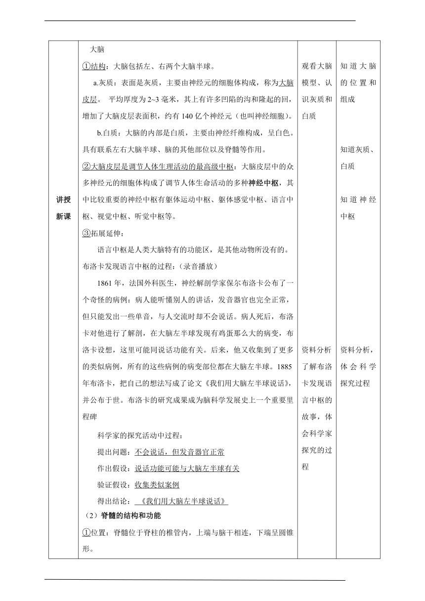 北京版生物七年级下册 8.1 神经系统的组成 教案（表格式）
