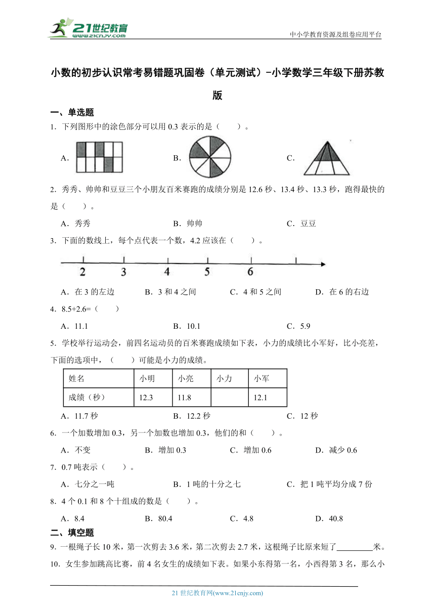 第八单元 小数的初步认识常考易错题巩固卷（单元测试）-小学数学三年级下册苏教版（含答案）