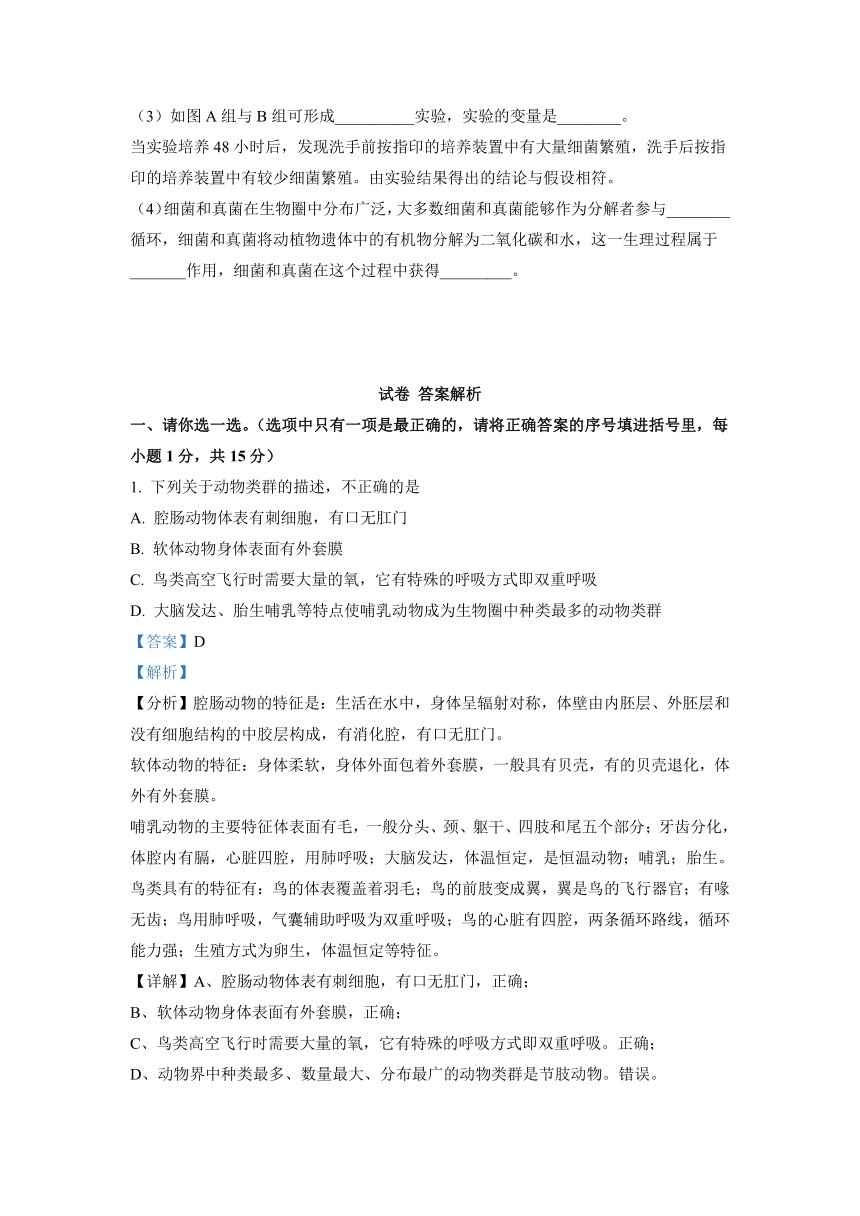 湖北襄阳谷城县石花镇第三中学2022-2023学年八年级上学期生物期中考试题（含解析）