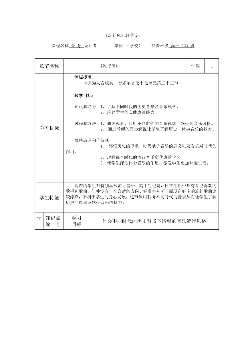 第十七单元 第三十三节 流行风 教学设计-2022-2023学年高中音乐人音版必修 音乐鉴赏（表格式）