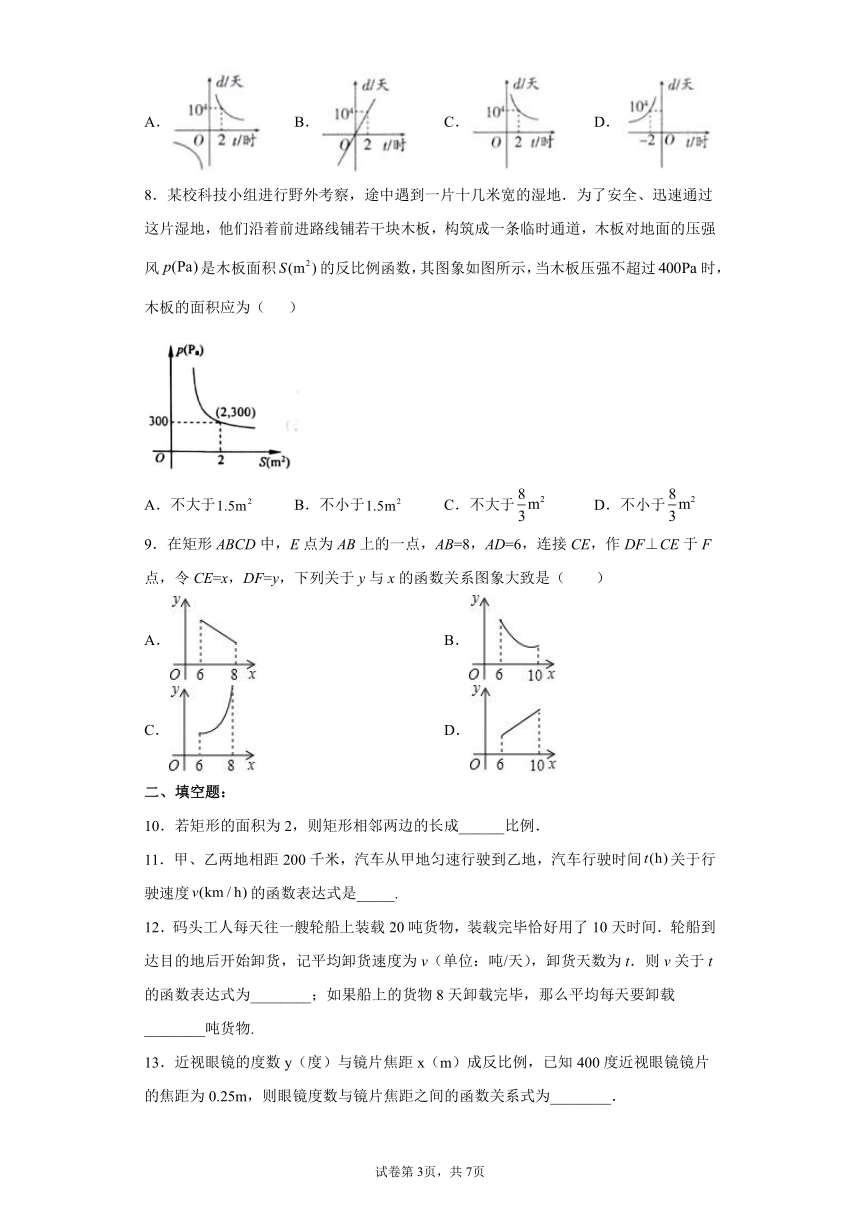 人教版2021-2022学年数学九年级下册26.2 实际问题与反比例函数 课时练习（word版、含解析）