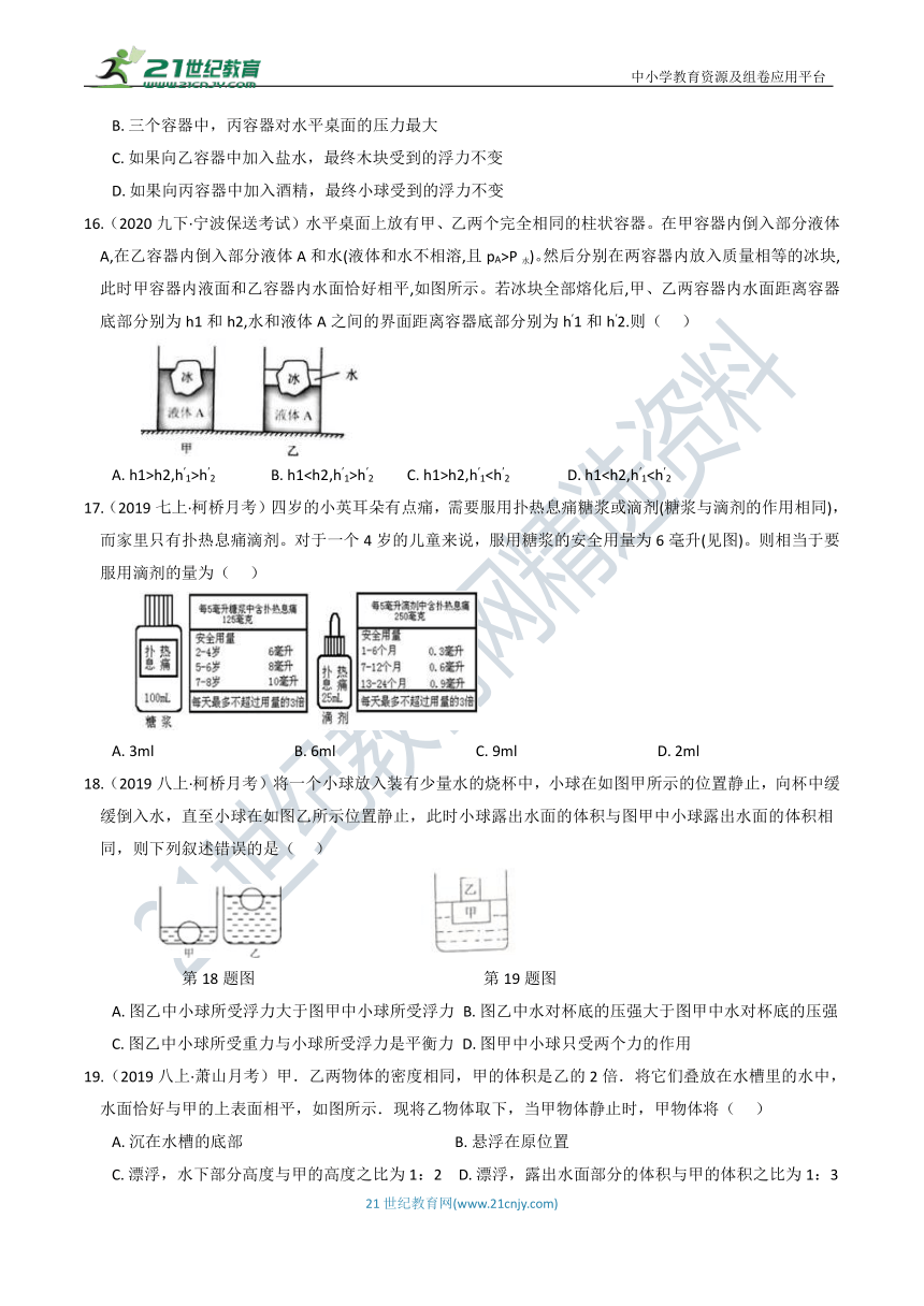 【8年级上册同步重难点集训】05 第1章 水和水的溶液 综合测试（含答案）