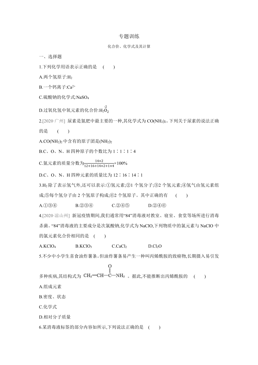 沪教版（全国）化学九年级上册课课练：专题训练  化合价、化学式及其计算（word版有答案）