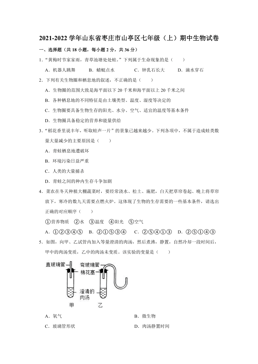 2021-2022学年山东省枣庄市山亭区七年级（上）期中生物试卷（word版含解析）