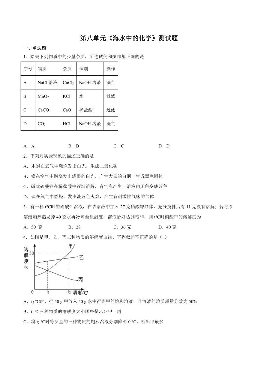 第八单元海水中的化学测试题（含答案）---2022-2023学年九年级化学鲁教版下册