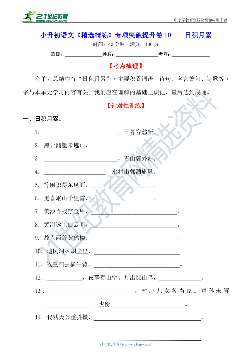 小升初语文《精选精练》专项突破提升卷10——日积月累（含详细解答）