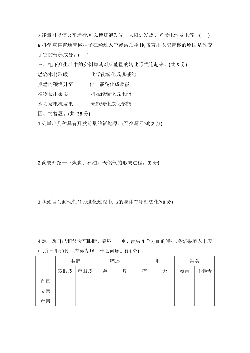 冀人版六年级科学上册期末调研测试(四)（word版有答案）