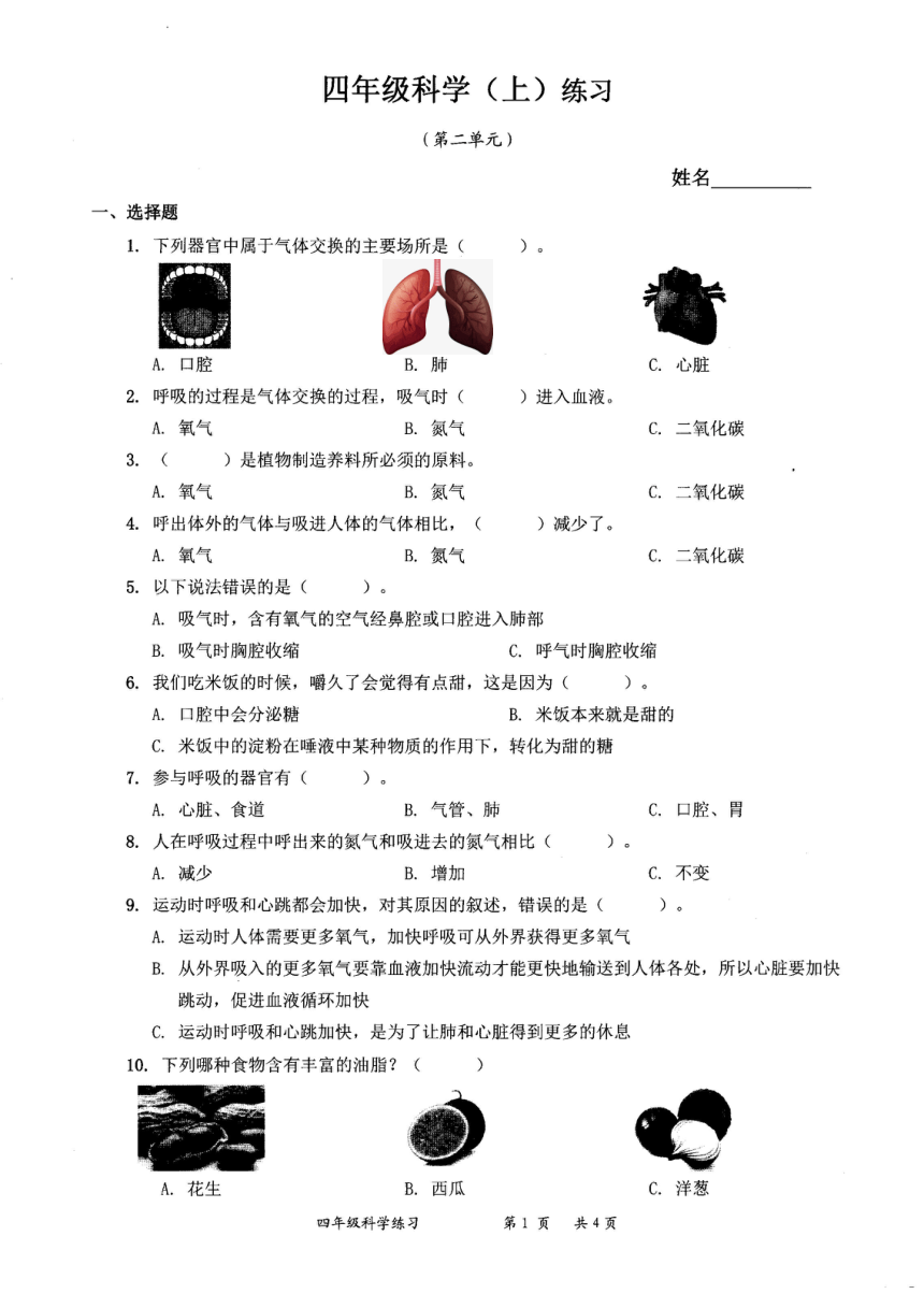 广东省深圳市罗湖区2021-2022学年四年级上册第二单元 呼吸与消化 考试卷（PDF版，无答案）