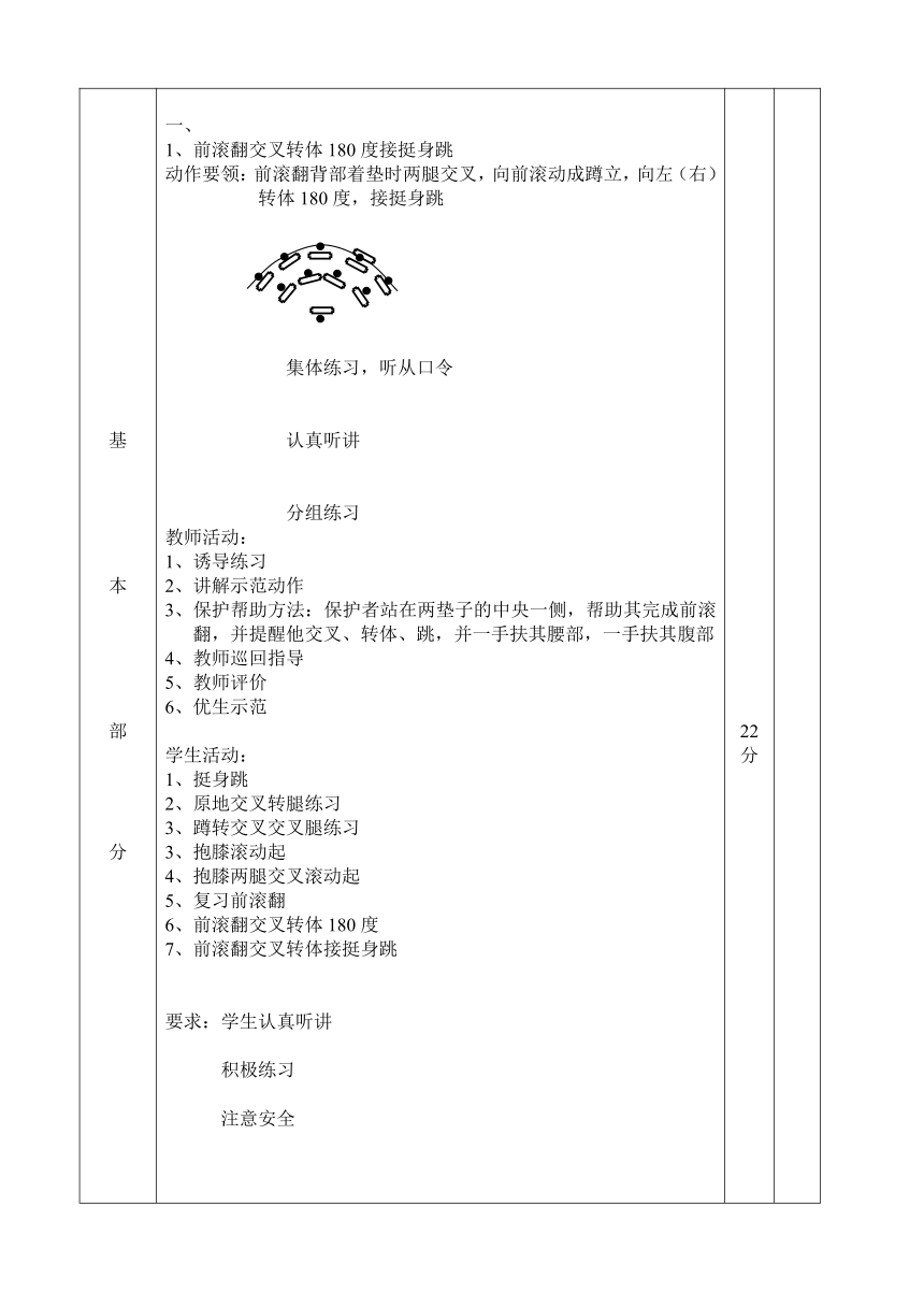 第七章  体操——前滚翻交叉转体180度接挺身跳  教案 2021—2022学年人教版七年级体育与健康全一册