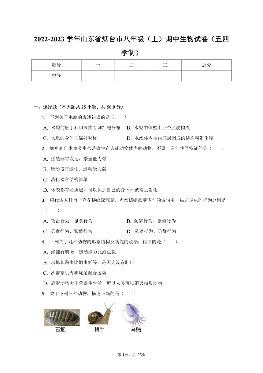 2022-2023学年山东省烟台市八年级（上）期中生物试卷（五四学制）（含解析）