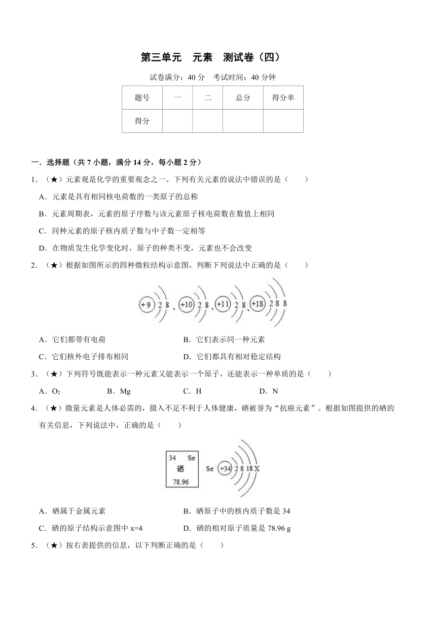 第三单元课题3元素同步测试卷（四） -2021-2022学年九年级化学人教版上册（word版 含解析）