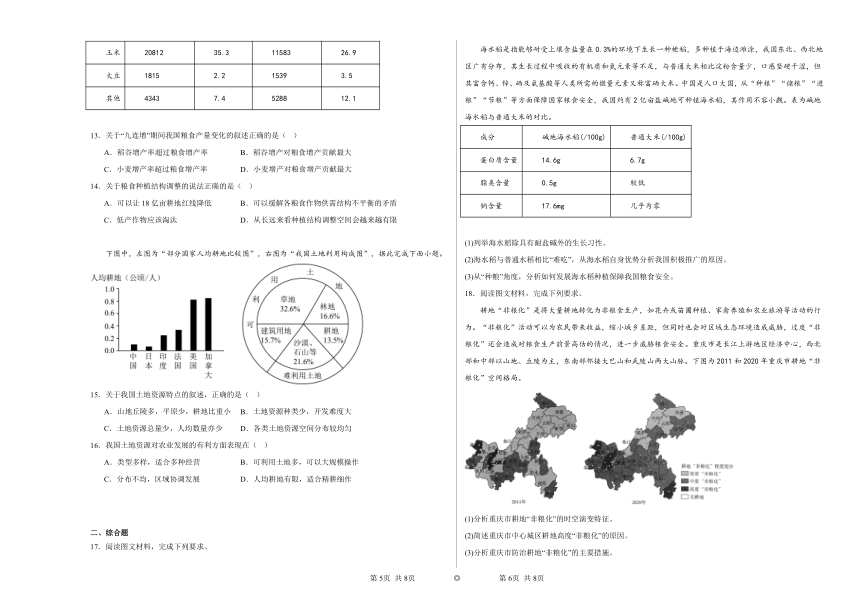 2.3中国的耕地资源与粮食安全同步练习（含解析）2023——2024学年高中地理人教版（2019）选择性必修3