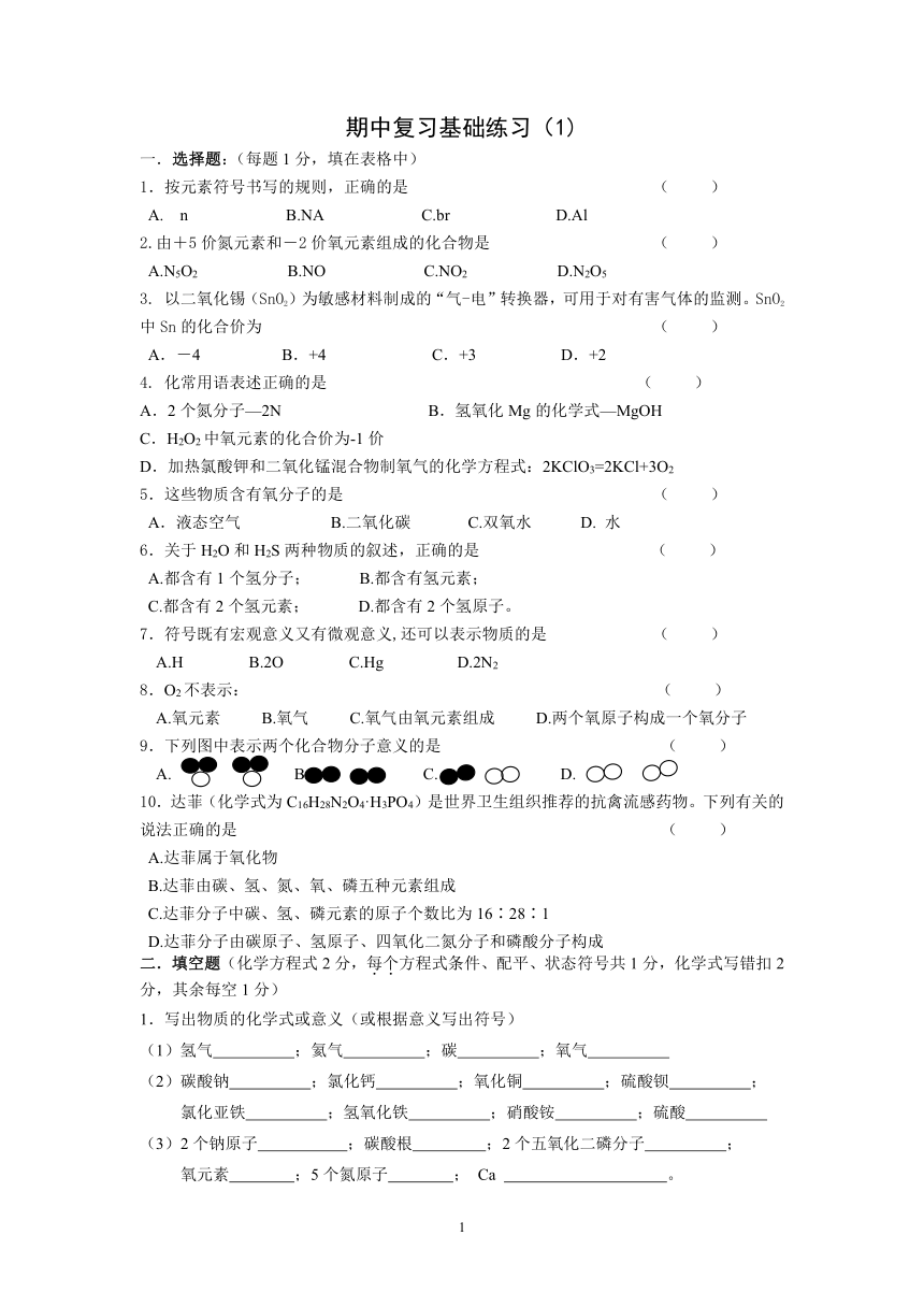 期中复习基础练习1—2021-2022学年九年级化学沪教版（上海）第一学期（word版有答案）