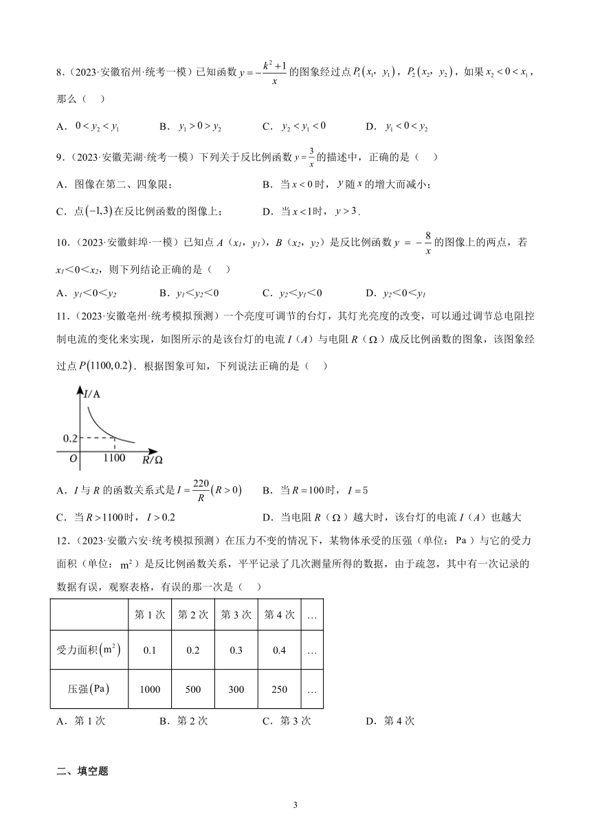 2023年安徽省各地九年级数学中考一轮模拟试题分类选编：反比例函数（含解析）