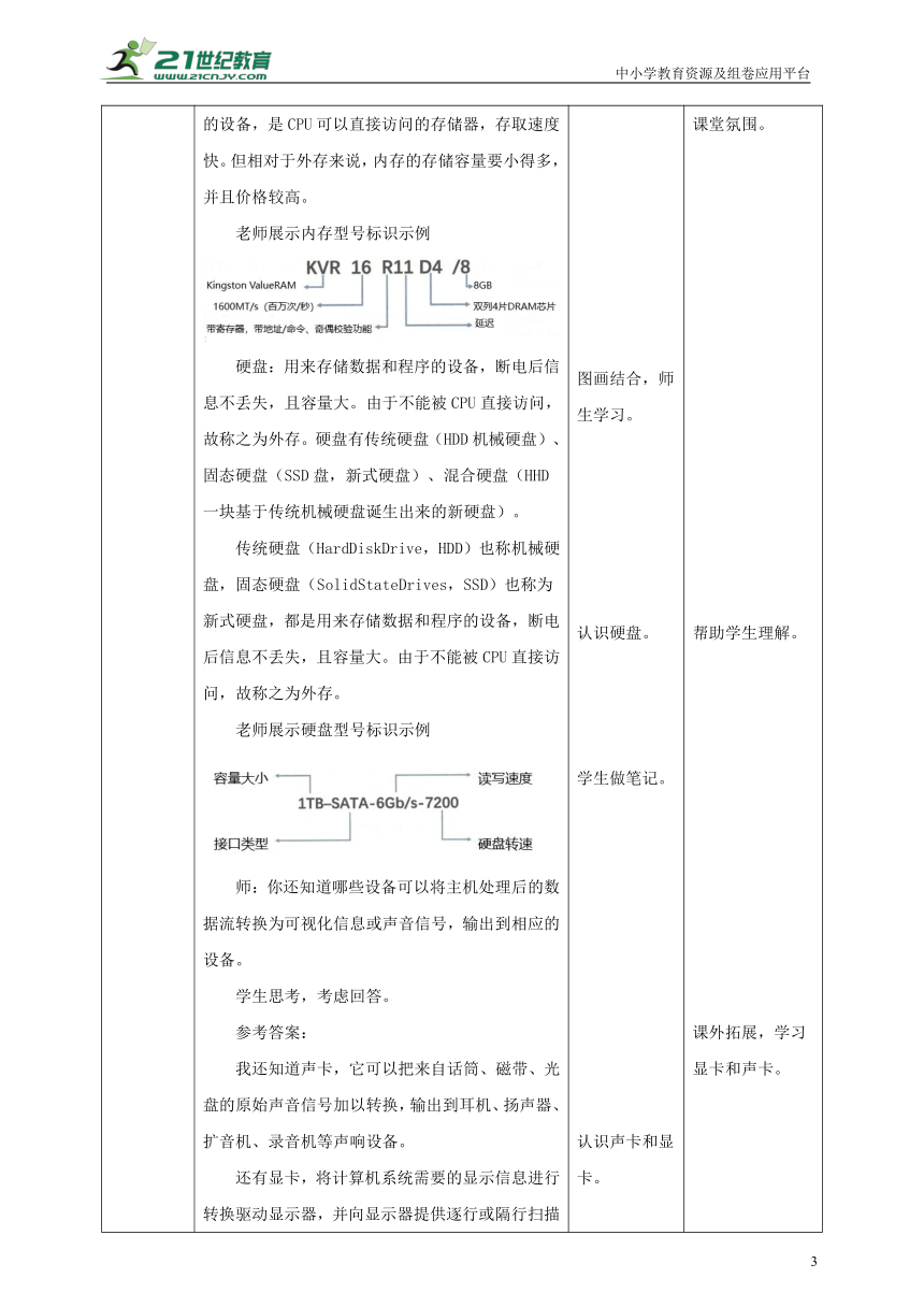 【核心素养目标】湘电子版2.4认识计算机硬件系统 教案