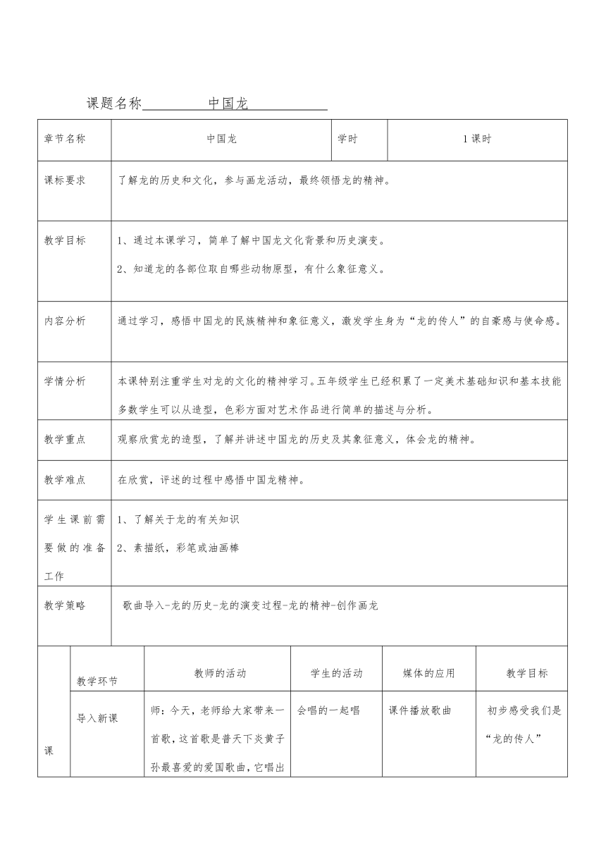 五年级美术上册教案-第14课 中国龙 人美版