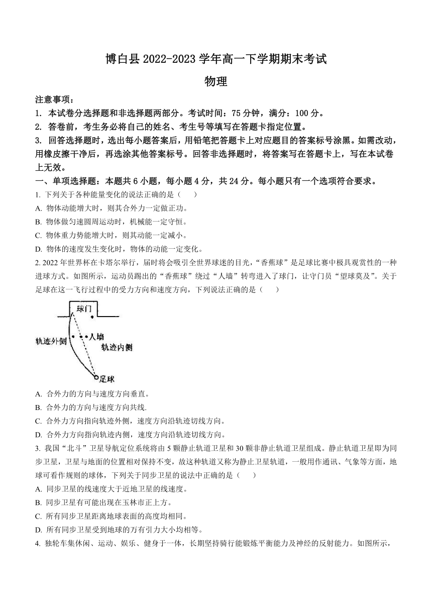 广西壮族自治区玉林市博白县2022-2023学年高一下学期期末考试物理试题(无答案)