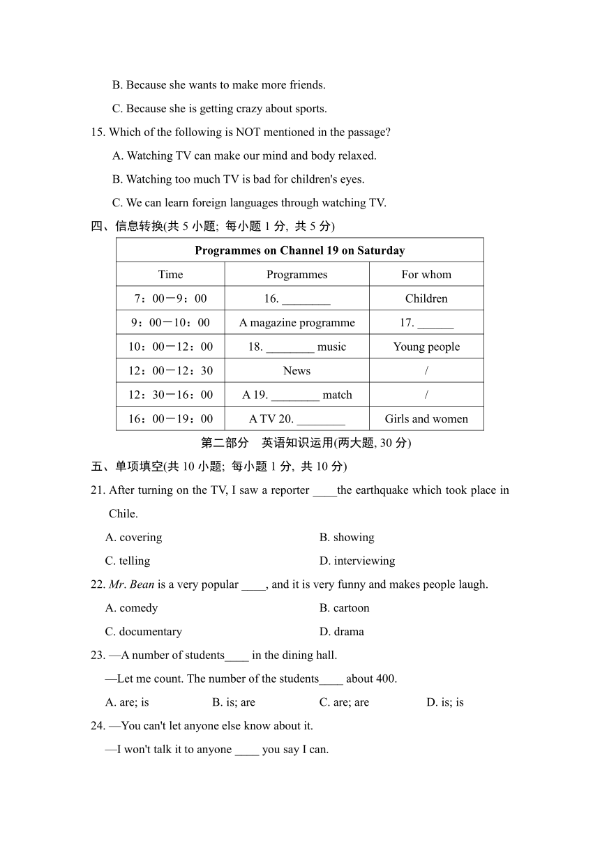 Unit 6 TV programmes单元同步评估试题(含听力原文+答案）