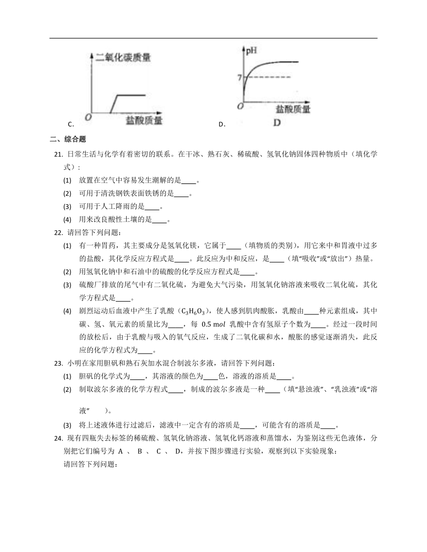 2020-2021学年九年级化学沪教版（上海）第二学期第五单元初识酸和碱单元测试