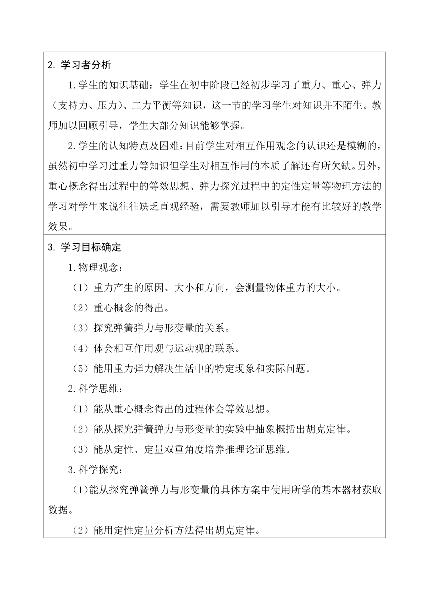 3.1 重力与弹力 教学设计（表格式）