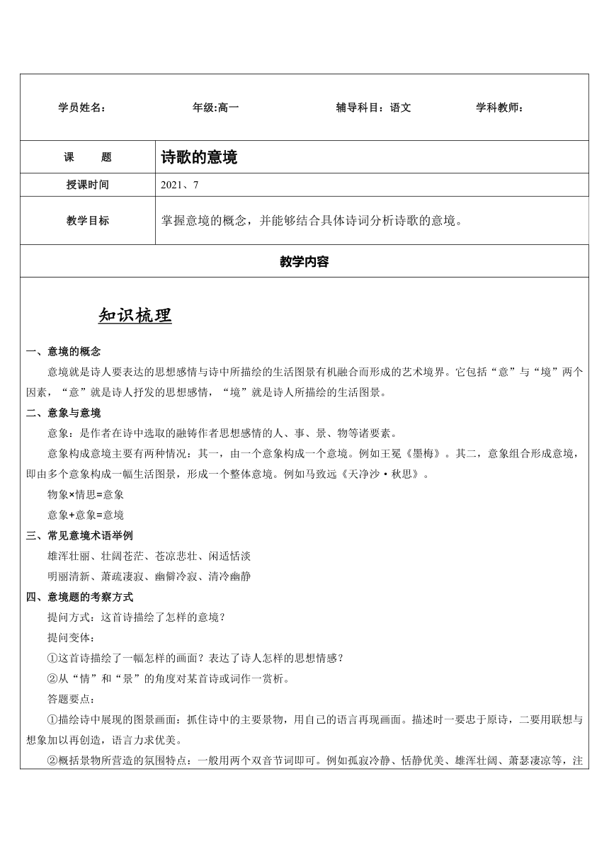 2021年暑假高一升高二专题知识辅导学案：诗歌的意境（含答案）