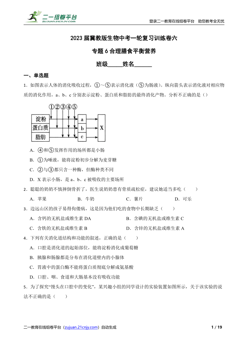 2023届冀教版生物中考一轮复习训练卷六 专题6合理膳食平衡营养（含解析）