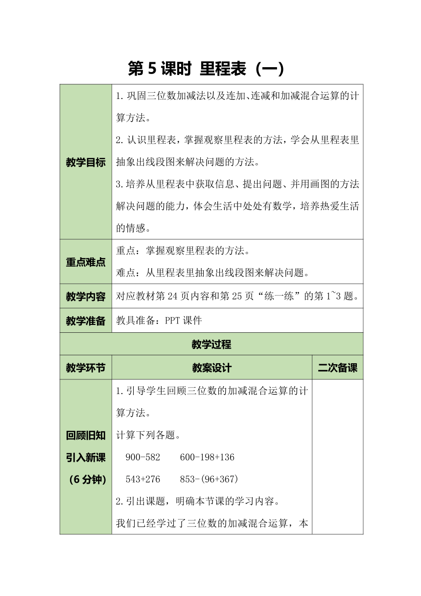 北师大版数学三年级上册3.4 里程表（一）教案（表格式）