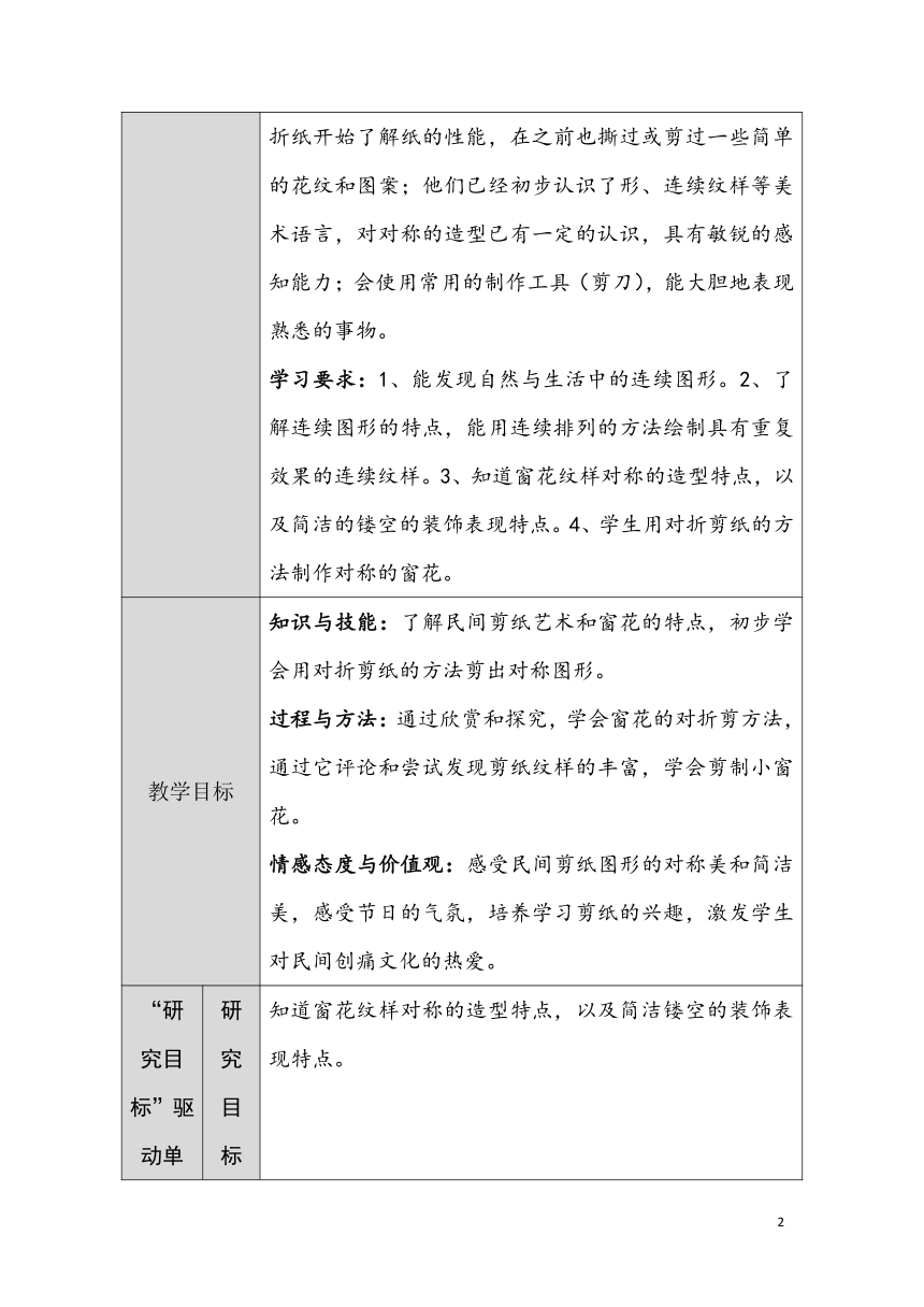 沪教版 二年级上册美术 第18课 剪剪小窗花   教案（表格式）