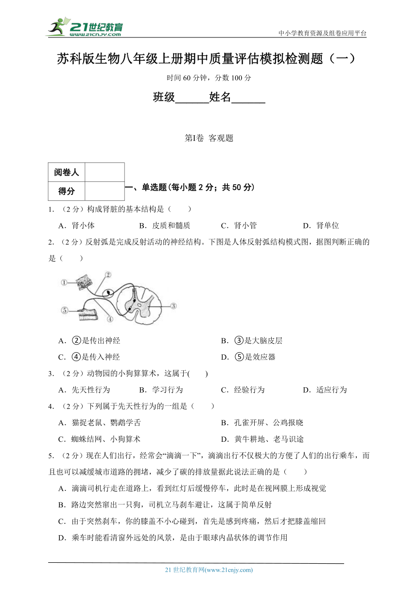 苏科版生物八年级上册期中质量评估模拟检测题（一）（含解析）