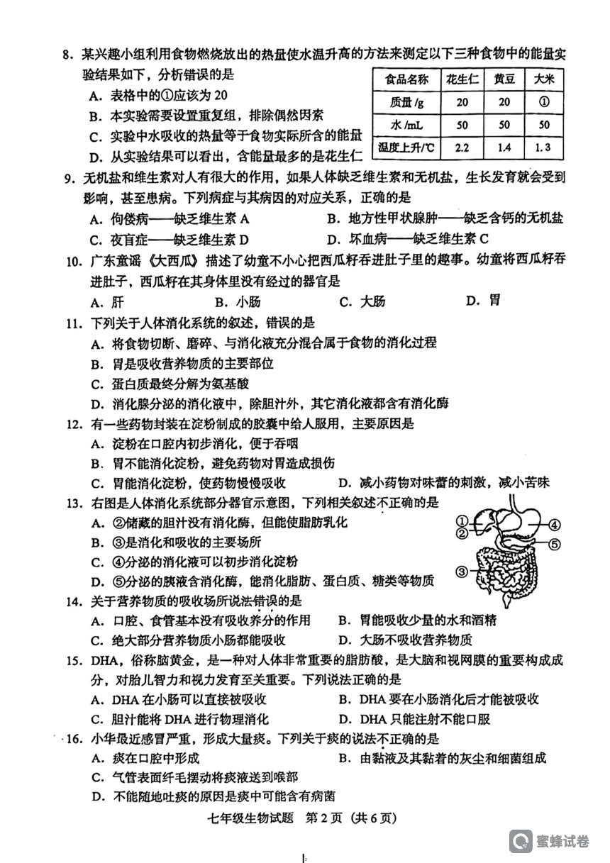 广东省阳江市阳东区2023-2024学年七年级下学期4月期中生物试题（PDF版 无答案）