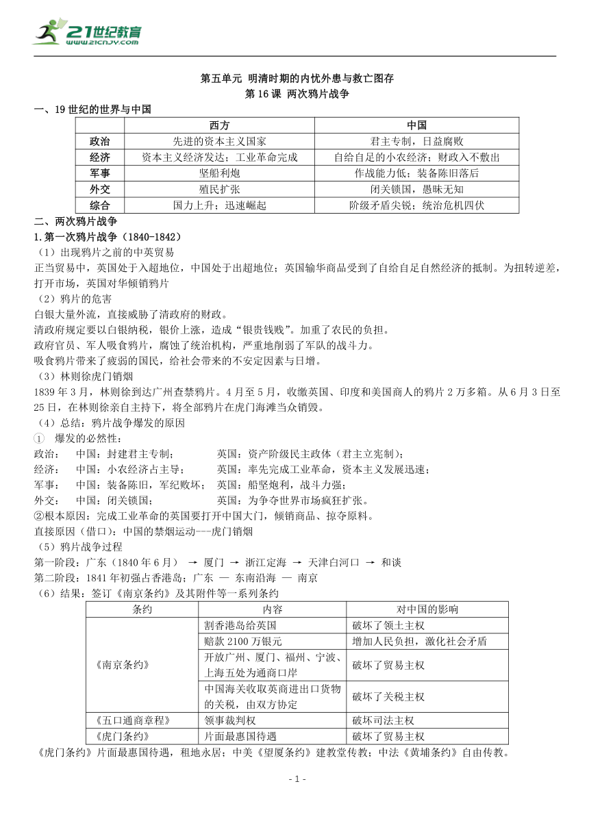 第16课 两次鸦片战争 知识单提纲 —2022高中统编历史一轮复习提纲