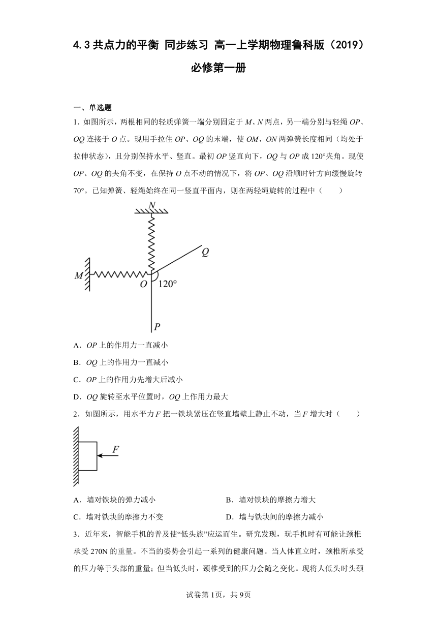 4.3共点力的平衡 同步练习 高一上学期物理鲁科版（2019）必修第一册 含答案