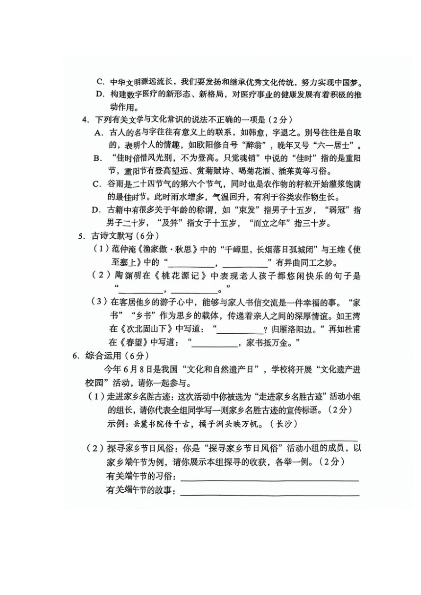 2024年湖南省永州市东安县中考一模语文试题（图片版无答案）