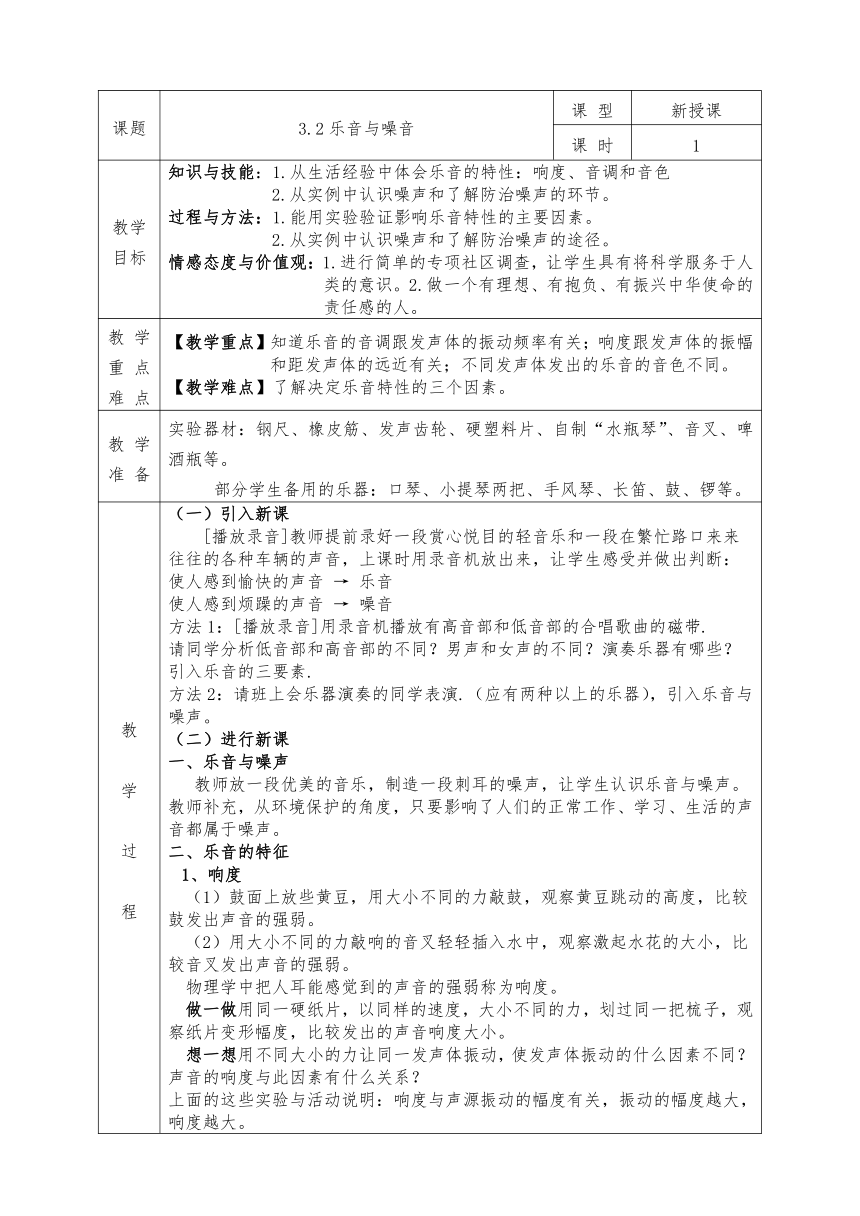 沪科版八年级物理上册教案3.2乐音与噪音