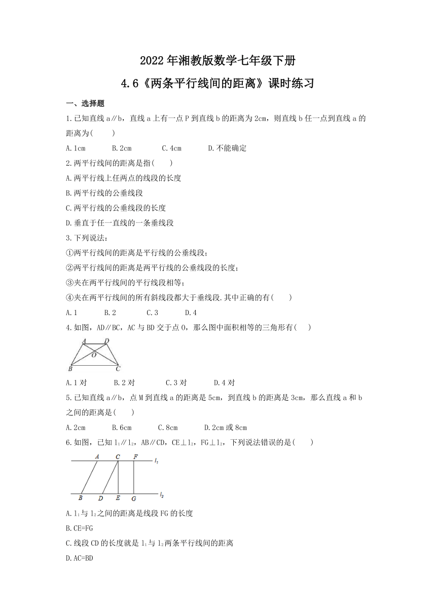 2022年湘教版数学七年级下册4.6 两条平行线间的距离 课时练习（Word版含答案）