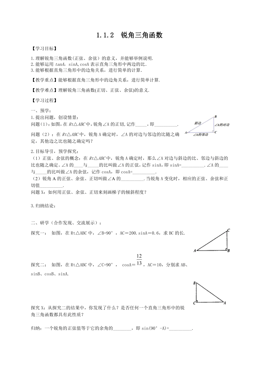 北师大版九年级下册1.1.2  锐角三角函数 学案（无答案）
