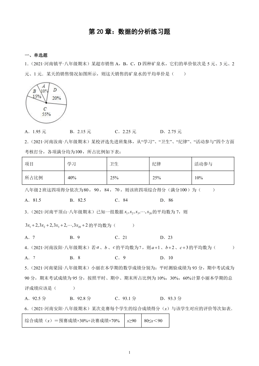 第20章数据的分析练习题2020－2021年河南省各地八年级下学期期末数学（人教版）试题选编（Word版含解析）