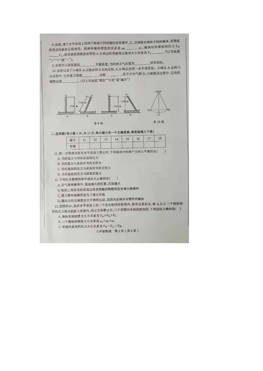 肥东县2020-2021学年度下学期期末考试试卷八年级物理（沪科版）（扫描版 有答案）