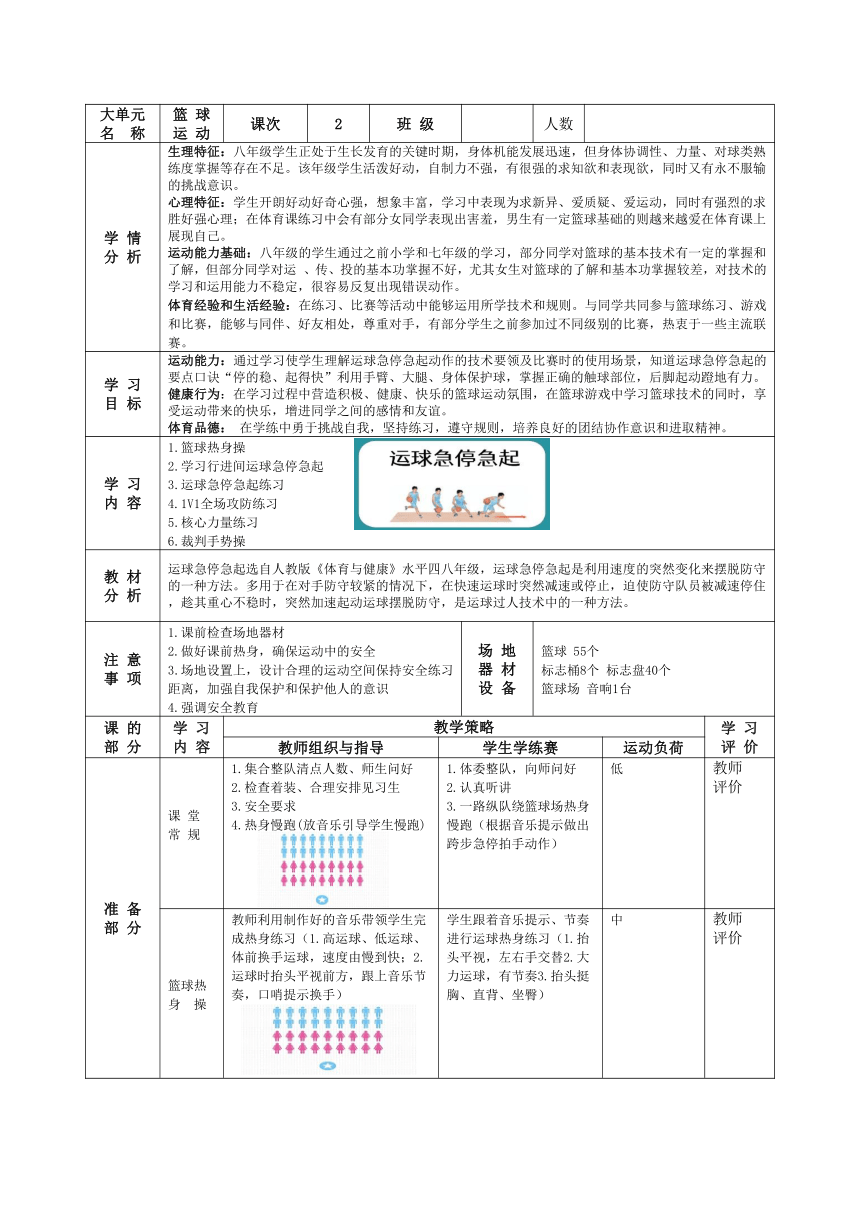 第四章 篮球——篮球运动 教案（表格式）2022—2023学年人教版初中体育与健康八年级全一册