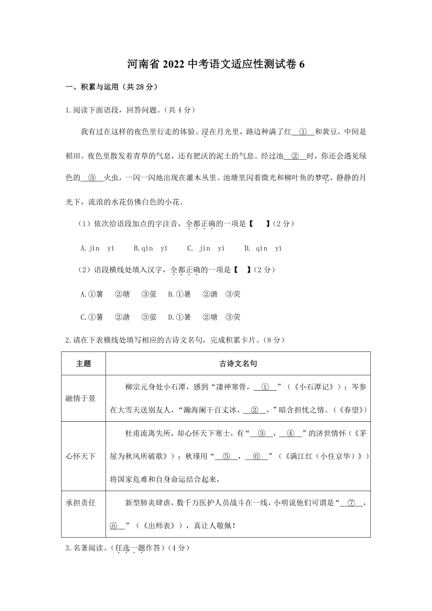 河南省2022中考语文适应性测试卷6（含答案）