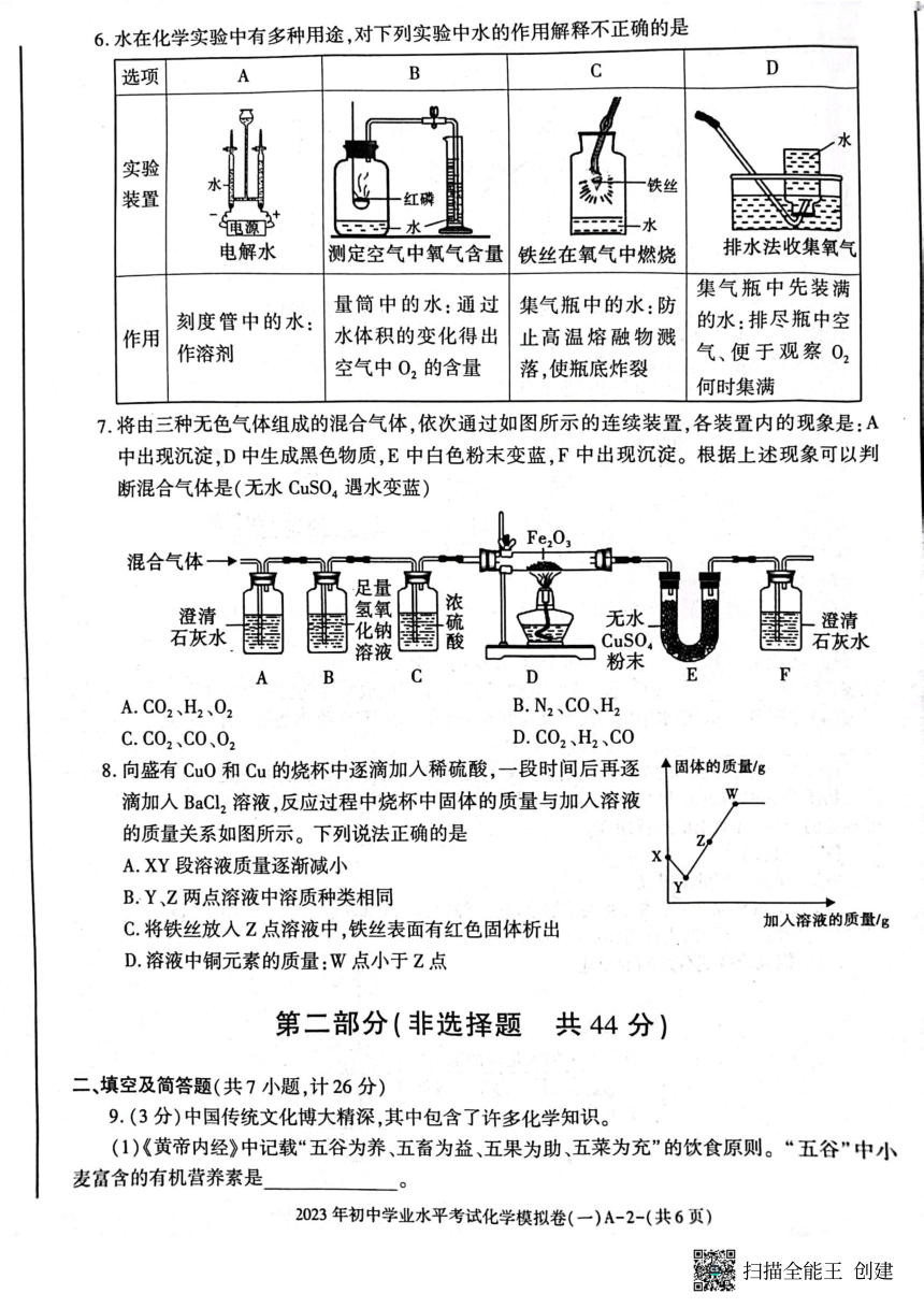 2023年陕西省西安市初中学业水平考试模拟卷一（一模）化学试卷（图片版含答案）