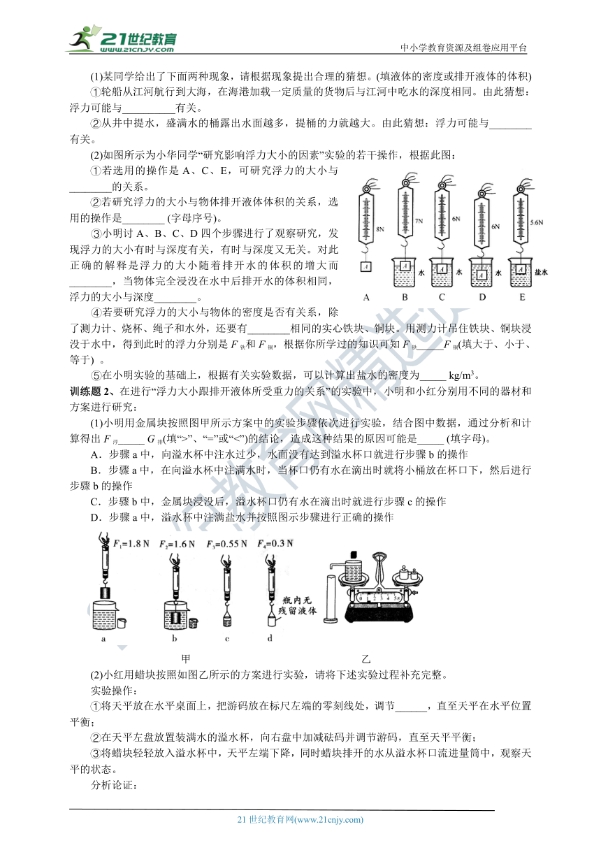 10.2.1 阿基米德原理同步练习探究实验（有答案）