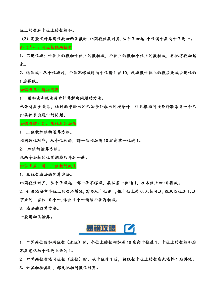 二年级数学下册（苏教版）第六单元两、三位数的加法和减法（知识清单）讲义