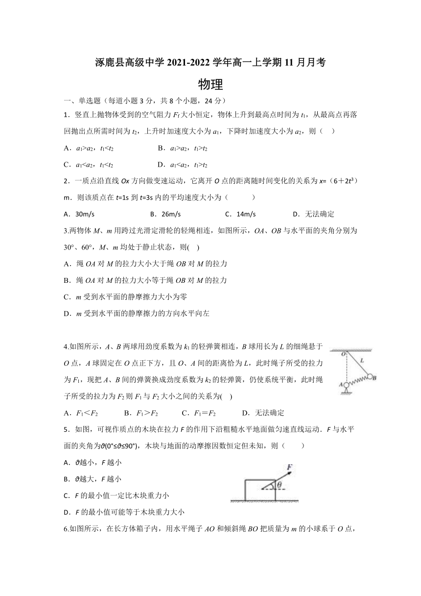 河北省张家口市涿鹿县高级中学2021-2022学年高一上学期11月月考物理试卷（Word版含答案）