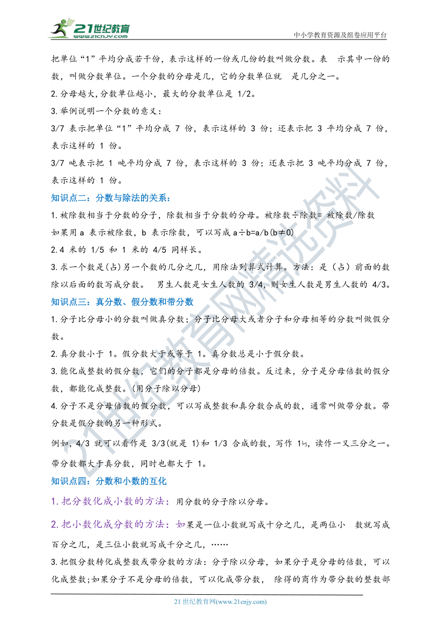 2020-2021学年苏教版数学五下第四单元《分数的意义和性质》期中章节复习精编讲义（含解析）