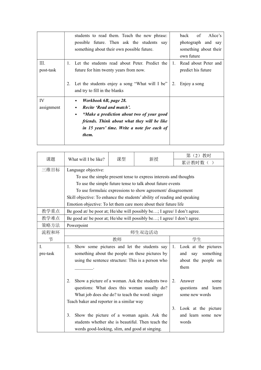 2021-2022学年牛津上海版六年级英语下册Unit5   What will I be like?教案表格式