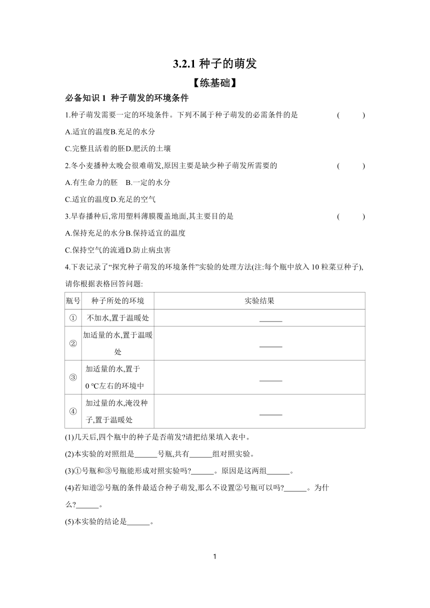 3.2.1种子的萌发课时提高练（含答案）2023-2024学年生物人教版七年级上册