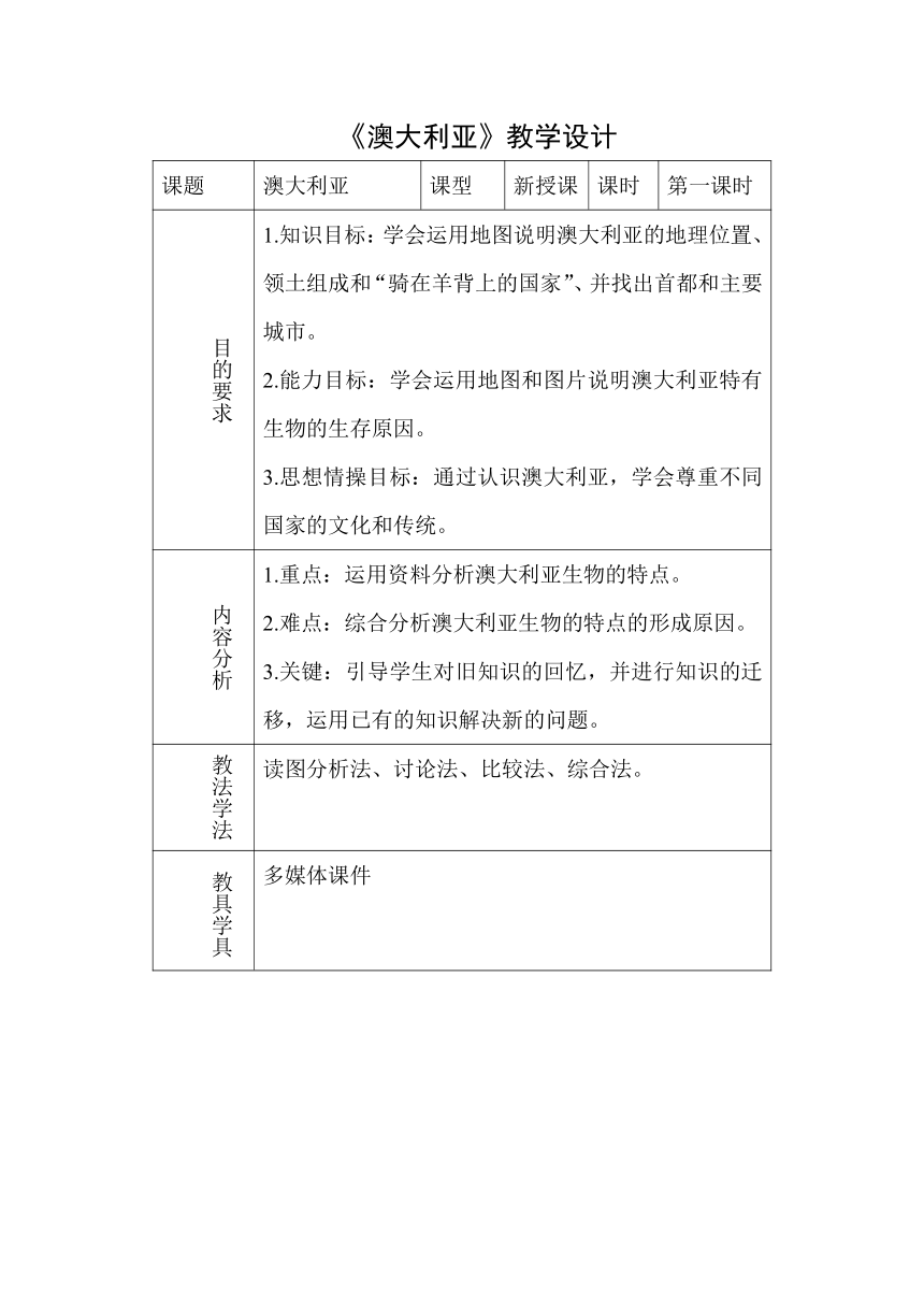 人教版初中地理七年级下册第八章第四节 澳大利亚 第一课时  教案（表格式）